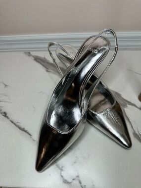 Mango Silver Slingback Heels Pointed Toe Size 37 New